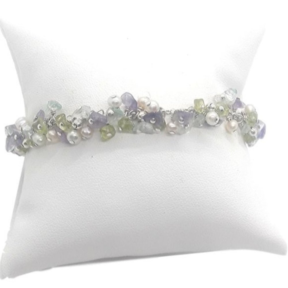 Sterling Silver Bracelet with Purple Green & Pearl